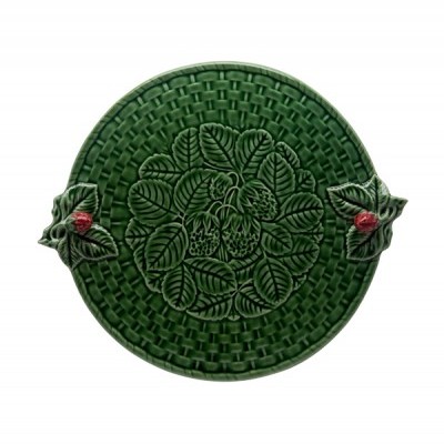 Prato cerâmico verde redondo com padrão de folhas em relevo e alças decoradas