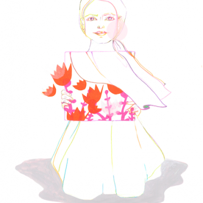 Desenho de figura feminina segurando retângulo com flores vermelhas e rosas