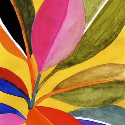 Pintura abstrata colorida de folhas com fundo amarelo