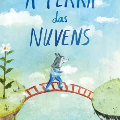 Capa de livro 'A TERRA das NUVENS' com personagem animal a atravessar ponte vermelha num cenário com céu azul e nuvens