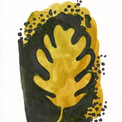 Ilustração de folha amarela e preta com pontos pretos, texto Bagulho '25, Carvalho-Negral