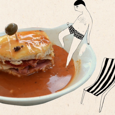 Prato com francesinha em molho e ilustrações de mulher de biquíni e espreguiçadeira