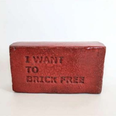 Tijolo vermelho com inscrição 'I WANT TO BRICK FREE'
