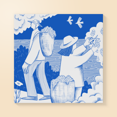 Ilustração a azul e branco de duas pessoas a colher uvas numa vinha com cestos e pássaros voando