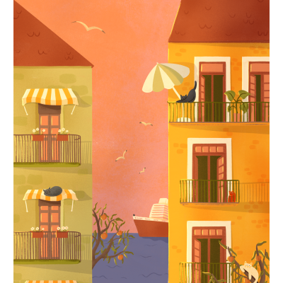 Edifícios coloridos com varandas, guarda-sóis, gatos e mar ao fundo num céu alaranjado.