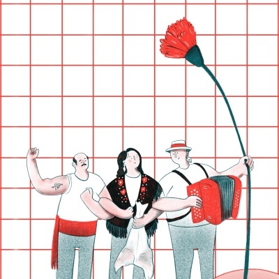 Três pessoas com roupa vermelha, branca e cinzenta, uma segura acordeão vermelho e flor vermelha gigante