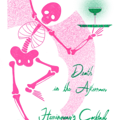 Ilustração de esqueleto rosa com copo de cocktail verde e texto de cocktail