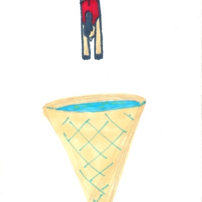 Desenho de pessoa a mergulhar para dentro de um cone de gelado com água