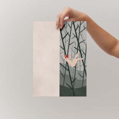 Poster artístico com figura humana nua pendurada em árvores cinzentas