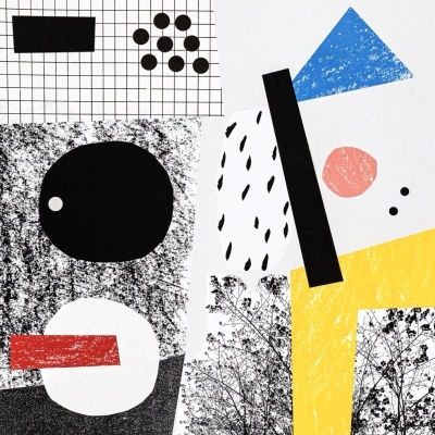 Pôster artístico abstrato com formas geométricas coloridas e fotografias de árvores em preto e branco.