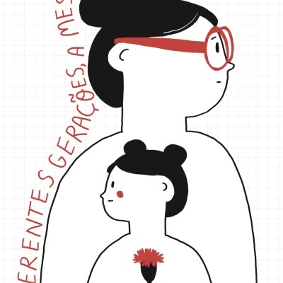 Ilustração de duas pessoas em perfil, uma maior de óculos vermelhos, e outra menor com uma flor vermelha, fundo quadriculado, texto vermelho em arco.