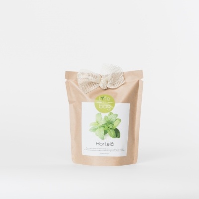 Saco de papel com rótulo e laço contendo hortelã