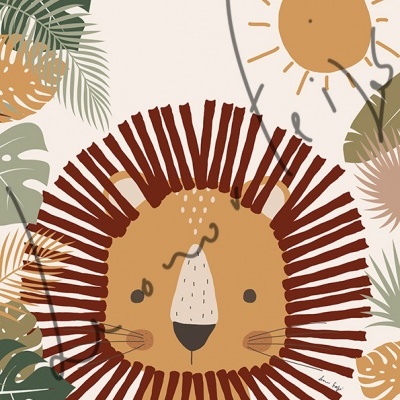 Desenho de leão com folhas tropicais e sol no fundo
