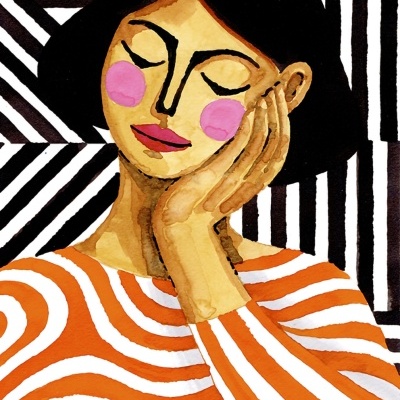 Ilustração de mulher com camisola laranja e branca e fundo preto e branco