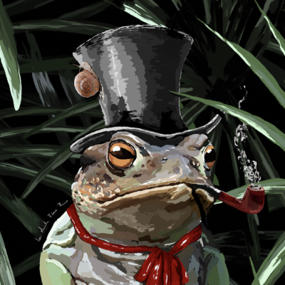 Rã usando cartola preta, laço vermelho, cachimbo fumegante, com caracol na cartola e folhas verdes ao fundo