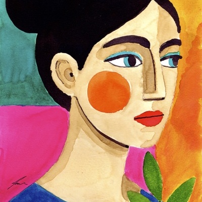 Pintura colorida de mulher com cabelo preto, bochecha laranja e camisa azul segurando planta verde