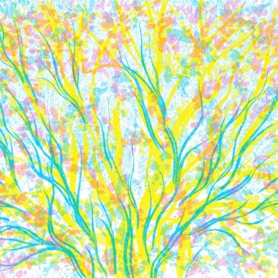 Desenho colorido de árvore com ramos amarelos e azuis e folhas coloridas em fundo branco