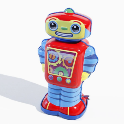 Robô de brinquedo colorido em metal sobre fundo branco