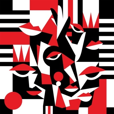Imagem abstrata geométrica em vermelho, preto e branco com formas que parecem rostos e olhos.