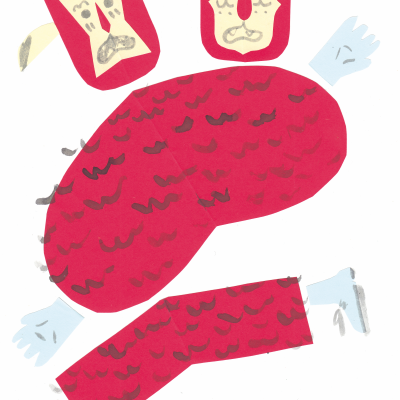 Ilustração de figura abstrata feita de recortes de papel colorido com rosto vermelho e estampado preto.