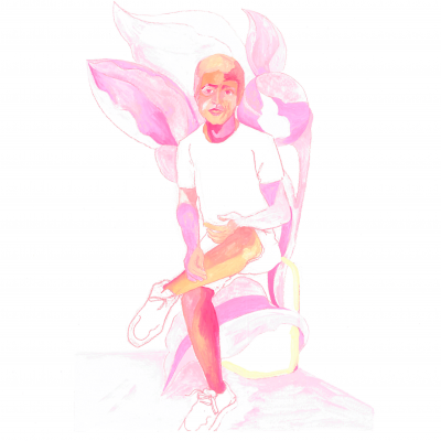 Desenho de pessoa com roupa branca sentada com fundo floral rosa.