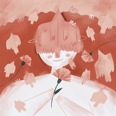 Ilustração abstrata em tons vermelhos e brancos de figura segurando flor com texto 25 DE ABRIL SEMPRE
