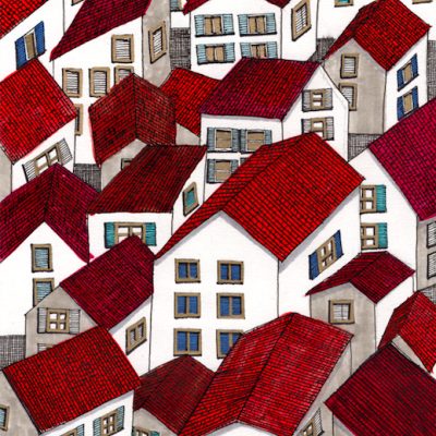 Ilustração de casas com telhados vermelhos e paredes brancas