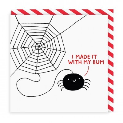 Cartão com desenho de aranha e teia com texto em inglês