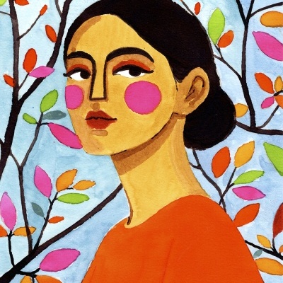 Ilustração de mulher com vestido laranja e fundo de folhas coloridas