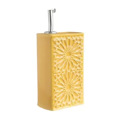 Dispensador cerâmico amarelo com padrão floral em relevo e bico metálico