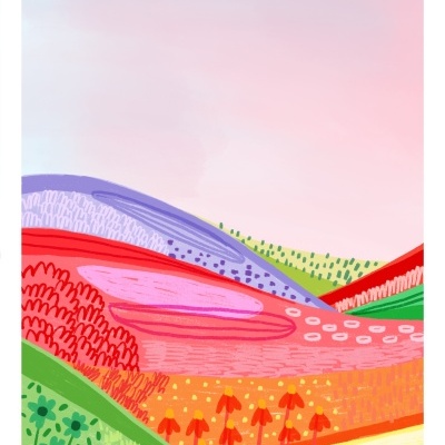 Ilustração colorida de paisagem com colinas e árvores em vários padrões e cores