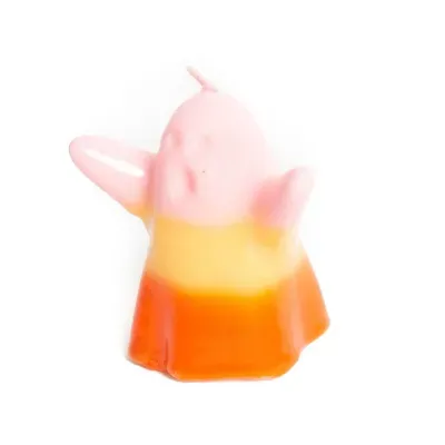 Vela decorativa em forma de fantasma em cores rosa, amarelo e laranja