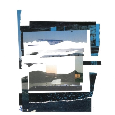 Colagem artística com imagens de paisagens em tons de azul, preto e cinzento