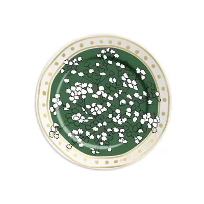 Prato redondo com desenho floral branco e preto em fundo verde e bordo branco com pontos dourados
