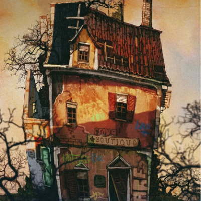 Casa alta e estreita com telhado inclinado e placa 'BOUTIQUE'