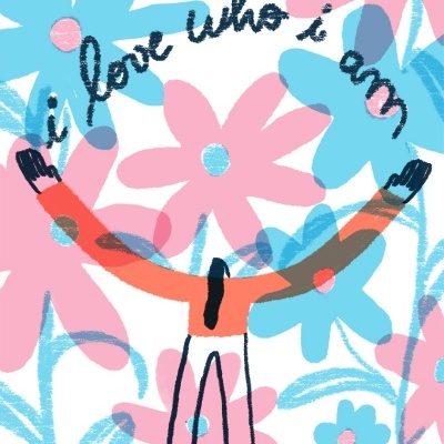 Ilustração colorida de figura humana com fundo de flores e texto 'i love who i am'