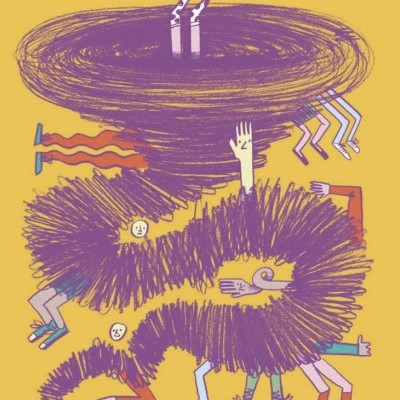 Capa de livro amarelo com ilustração abstrata roxa e texto