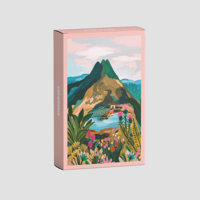 Embalagem de puzzle com ilustração de montanha, lago e flores coloridas
