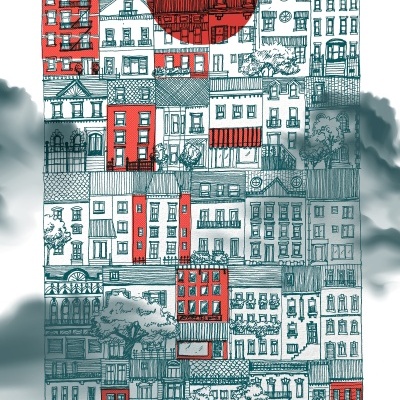 Desenho de fachadas de prédios com detalhes vermelhos e círculo vermelho no topo