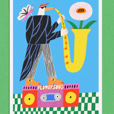 Ilustração de pássaro tocando saxofone com flor, borboleta e aparelhagem rosa com texto FLOWERSONG