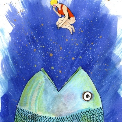 Ilustração de peixe azul grande e nadador em touca amarela em salto sobre ele.