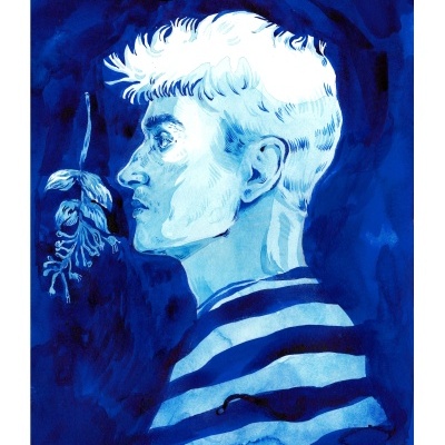 Ilustração azul de homem de perfil com camisola às riscas e planta suspensa