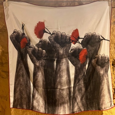 tecido com punhos cerrados a segurar flores vermelhas