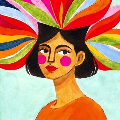 Ilustração colorida de uma mulher com adorno de folhas coloridas atrás da cabeça