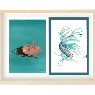 Moldura com duas ilustrações, uma de uma mulher na água e outra de um peixe colorido