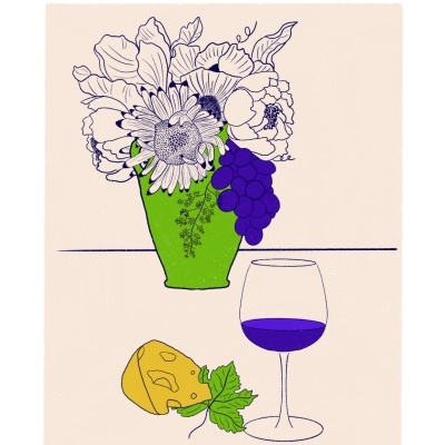 Ilustração de vaso com flores, uvas, copo de vinho e queijo com texto Douro Vineyards e Porto.