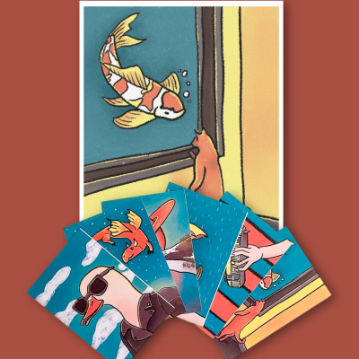 Cartões ilustrados coloridos com peixe, gato e pato em várias cenas.