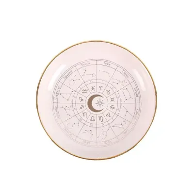 Prato decorativo com desenhos do zodíaco e contorno dourado