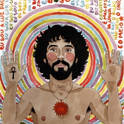 Ilustração artística de homem nu com colar de sol e texto colorido ao fundo