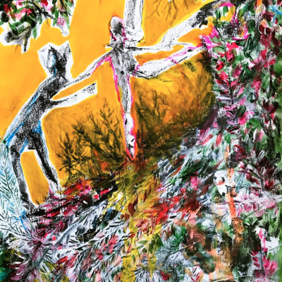 Pintura abstrata colorida com figuras humanas e folhagem colorida